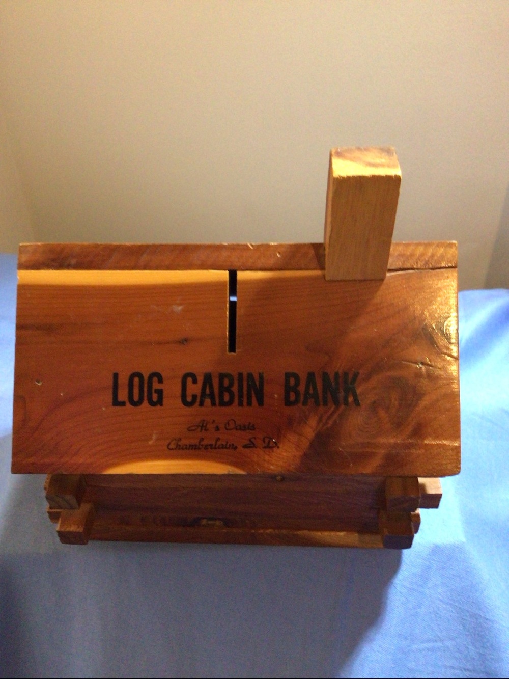 Vintage Log Cabin Bank Chamberlain, South Dakota. Red Cedar Souvenir
